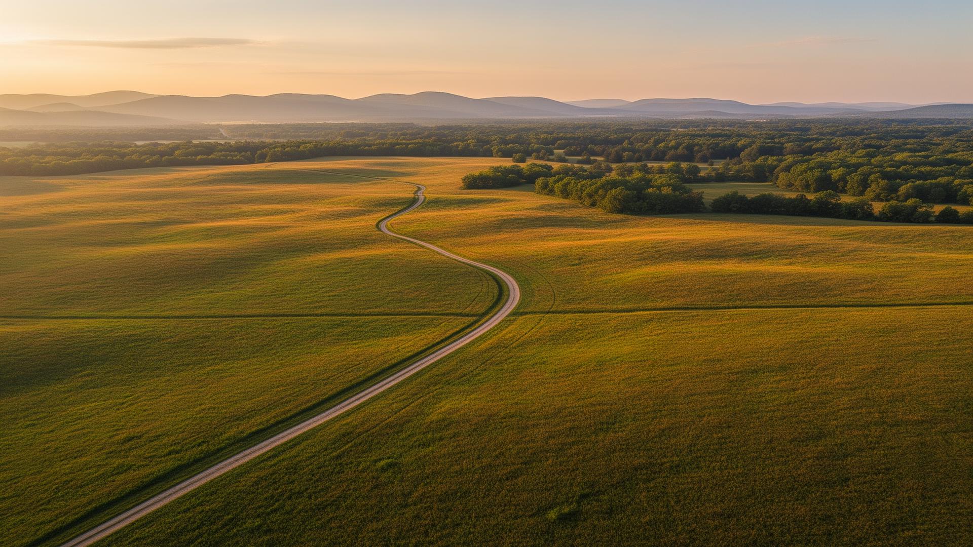 Aerial view of expansive open acreage at golden hour