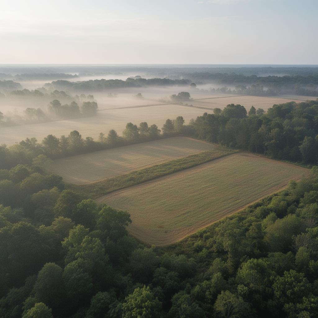Aerial view of undeveloped rural land at dawn